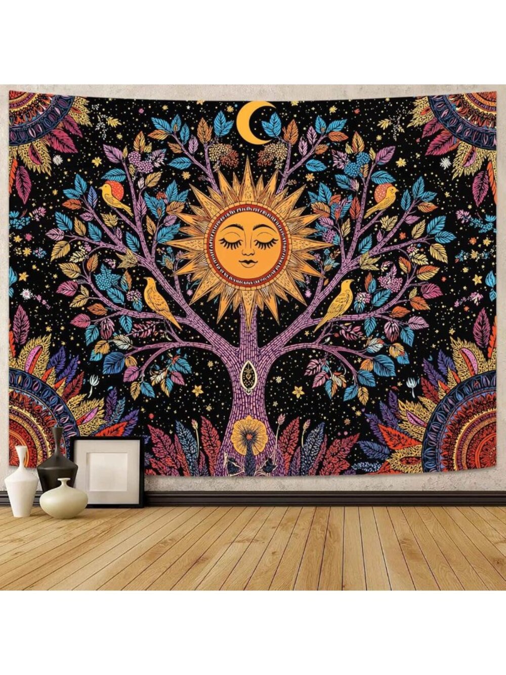 Boho Tree of Life Wall Tapestry - Celestial Sun & Birds Decor for Bedroom